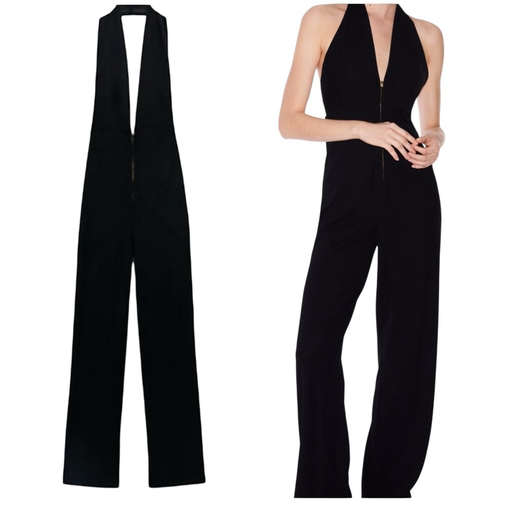 Zara Zip Front Wide Leg Halter Jumpsuit Black Stretchy Medium Low Cut - Picture 15 of 16